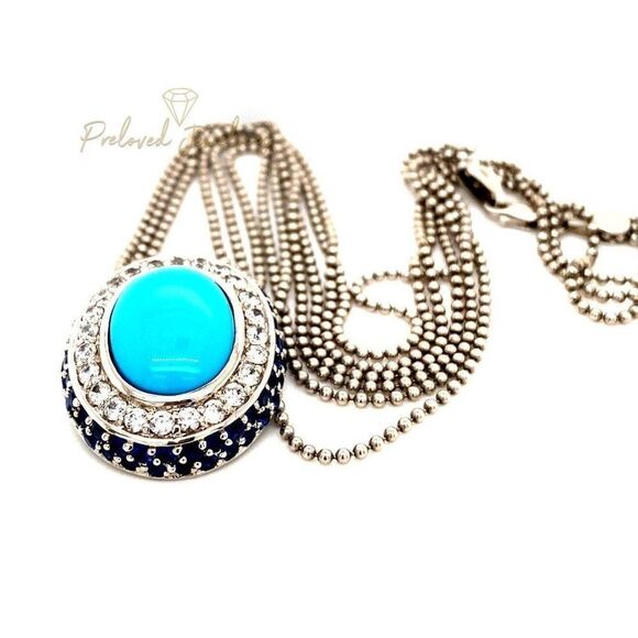 925 Turquoise/Cz/Sapphire Oval Pendant Necklace - Picture 5 of 11